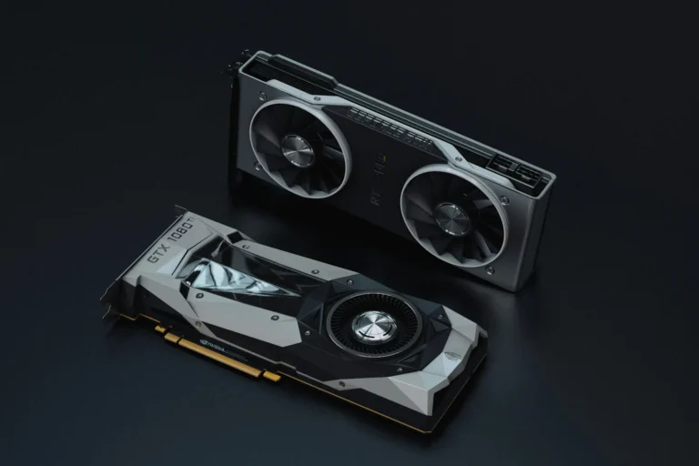 Dos tarjetas gráficas Nvidia sobre una superficie oscura